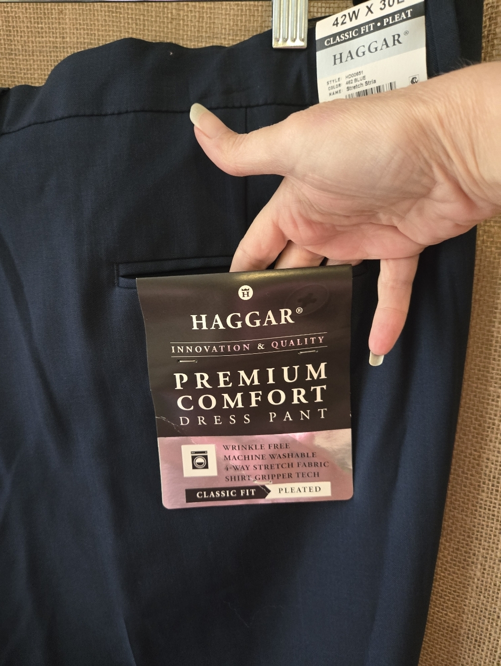 NWT Men's Haggar Classic Front Pleat Stretch Stria Navt Dress Pant 40W X 30L - Picture 11 of 12